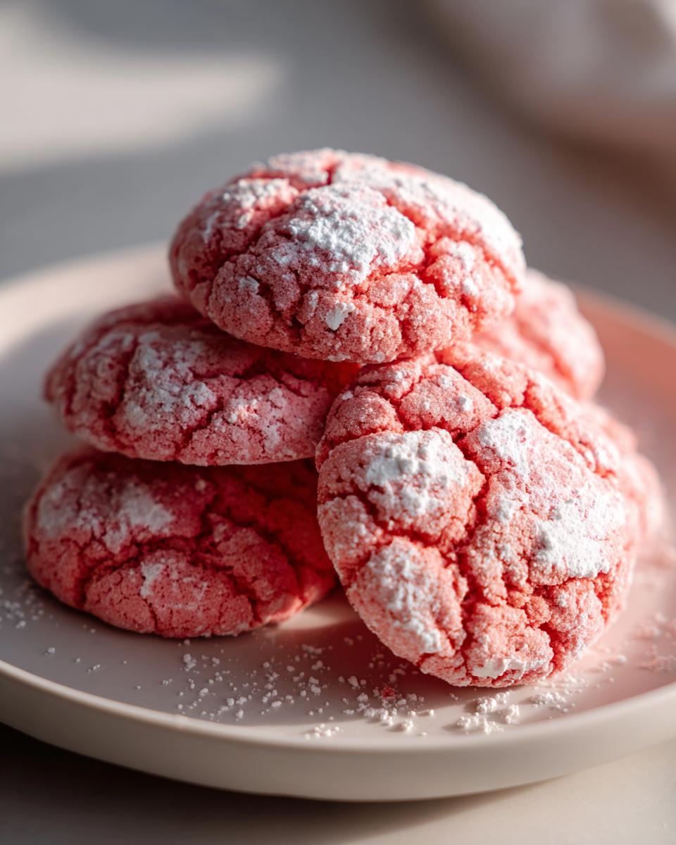A stack of bright pink strawberry cake mix cookies generously coated in cracked powdered sugar on a light plate.