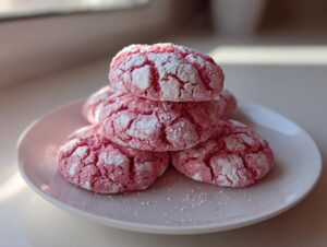 A stack of five bright pink, crinkle-topped strawberry cake mix cookies dusted with powdered sugar on a white plate.