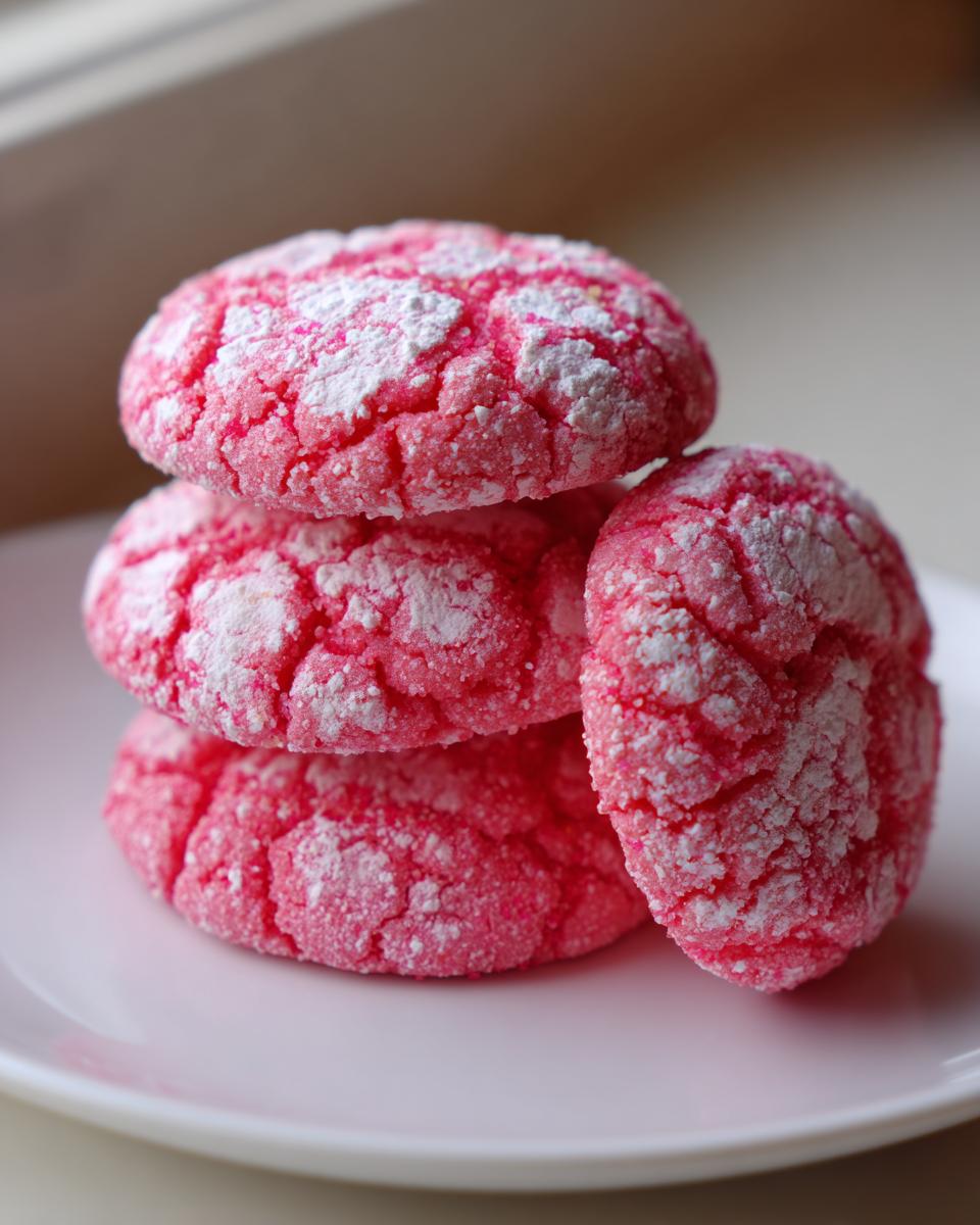 A stack of four bright pink, crinkle-topped strawberry cake mix cookies dusted with powdered sugar on a white plate.