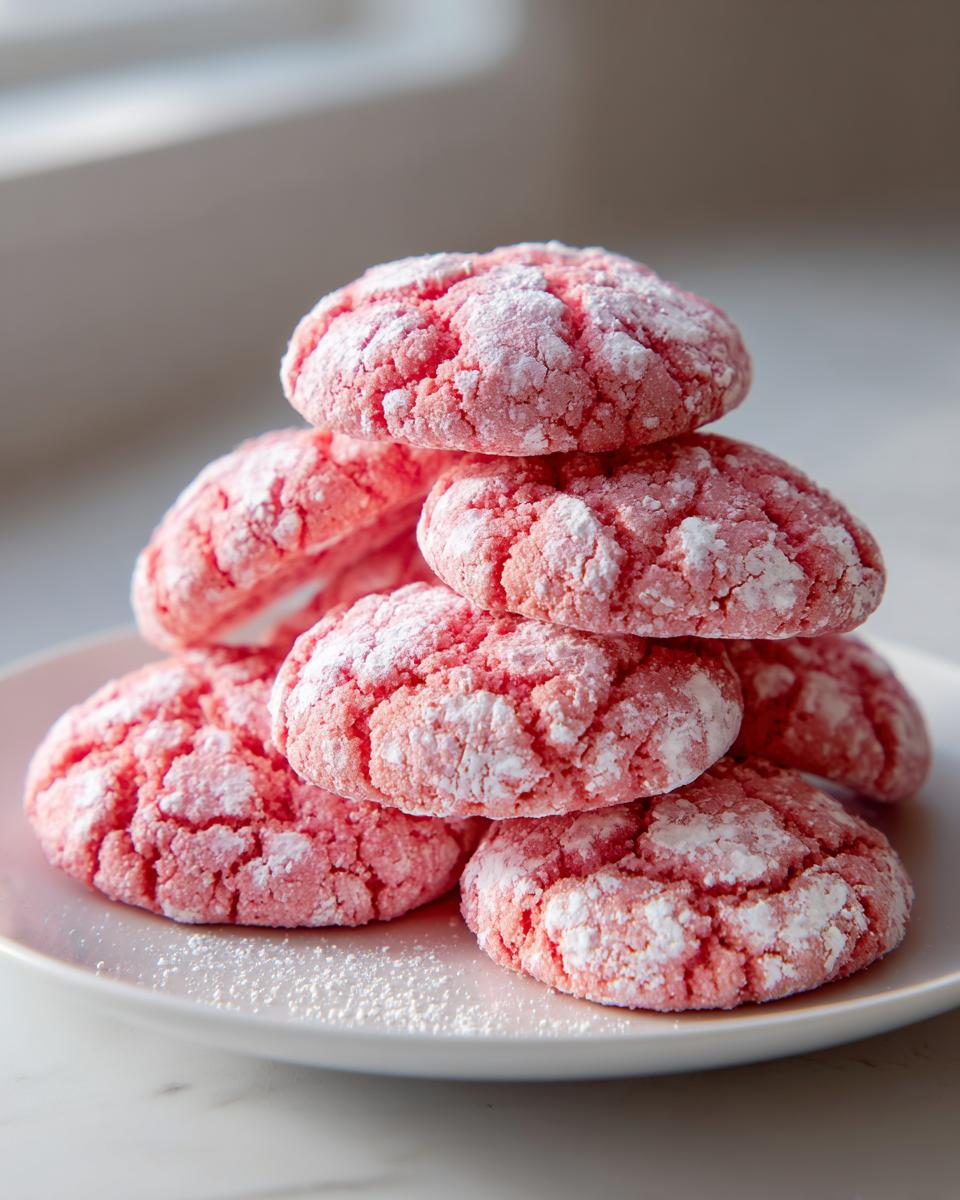 A stack of six bright pink, crinkle-topped strawberry cake mix cookies dusted heavily with powdered sugar on a white plate.