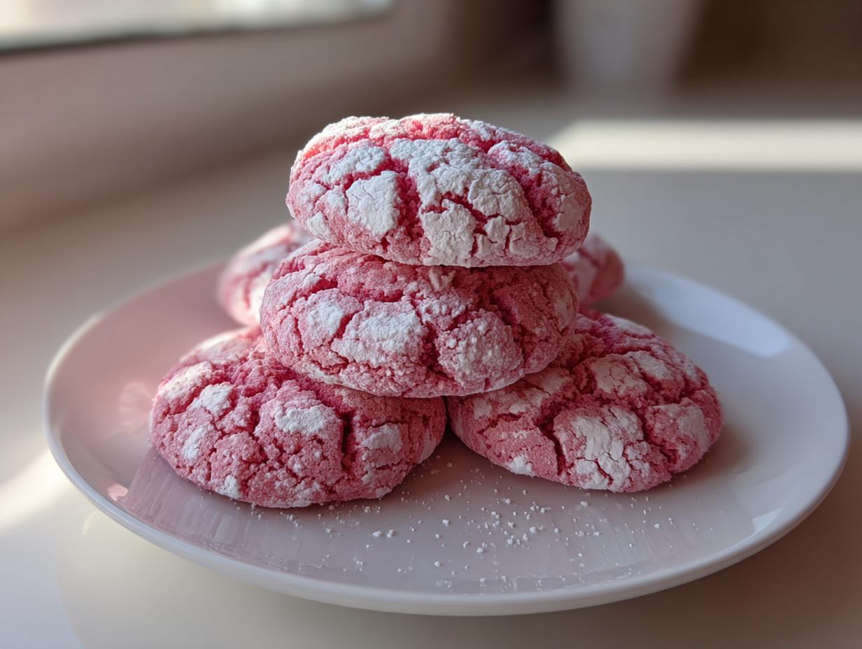 A stack of five bright pink, crinkle-topped strawberry cake mix cookies dusted with powdered sugar on a white plate.