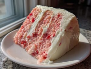 A generous slice of pink strawberry cake filled and topped with thick white frosting, sitting on a white plate.
