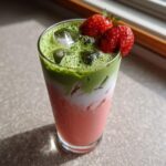 Close-up of a refreshing strawberry matcha layered iced drink topped with two fresh strawberries.