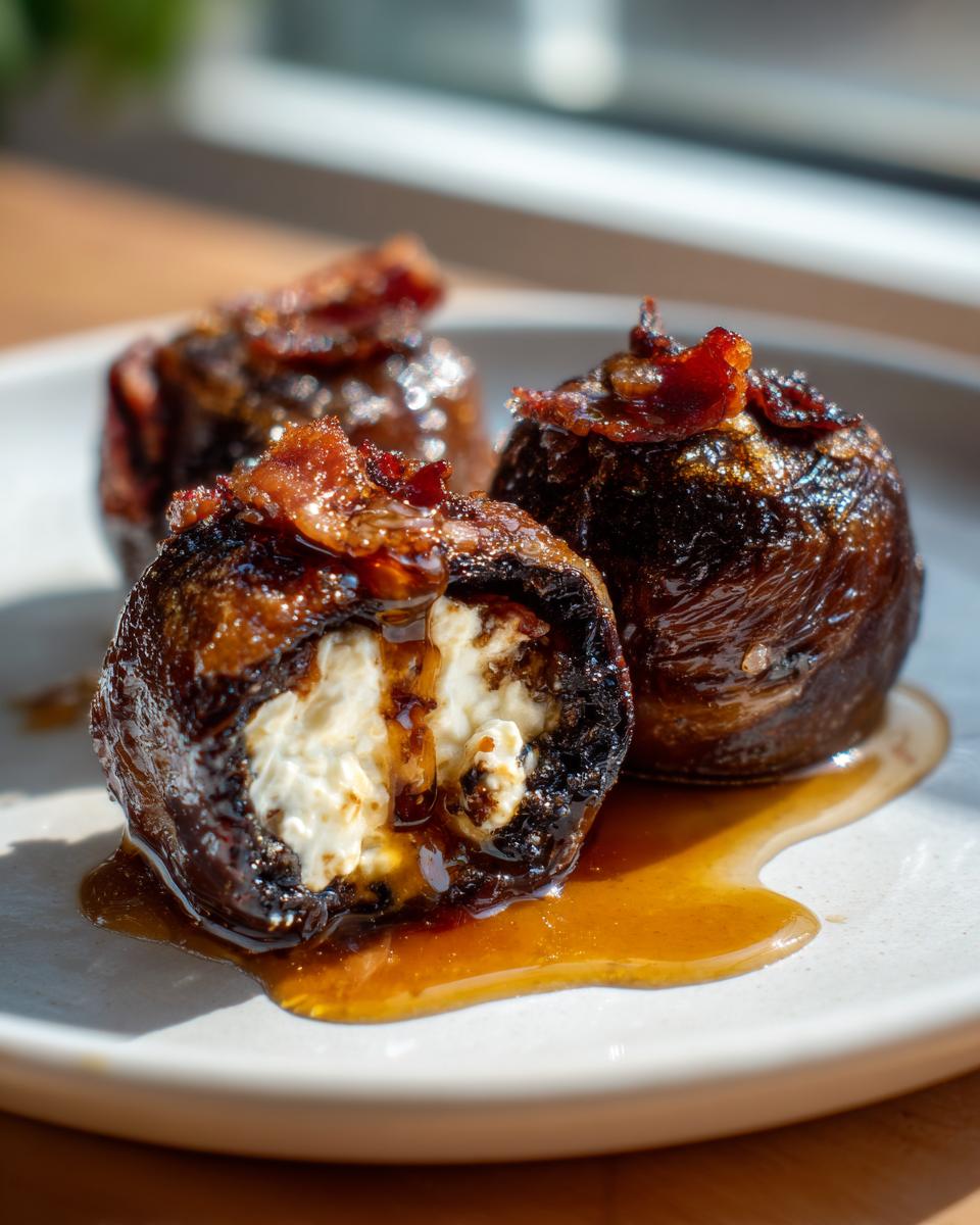 Close-up of three bacon-wrapped stuffed dates, one cut open showing creamy white filling, drizzled with glaze.