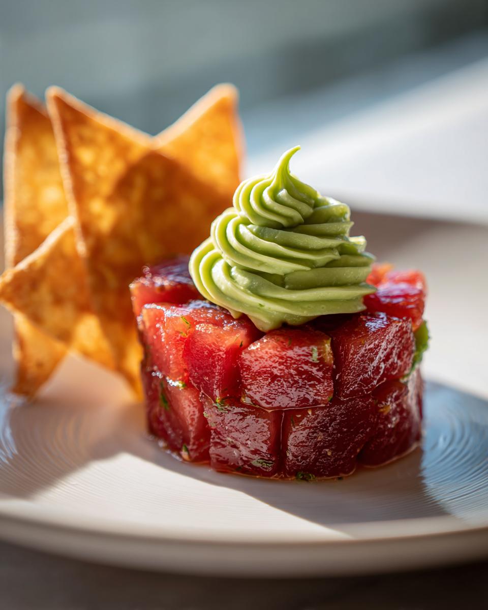 Close-up of a molded tuna tartare stack topped with piped avocado cream and served with crispy wonton chips.