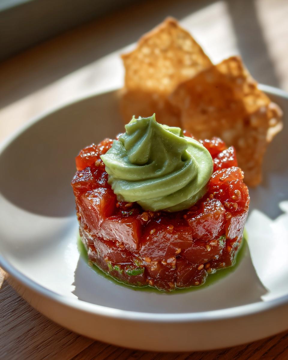 Close-up of a molded tuna tartare stack topped with a swirl of green avocado cream, served with crispy chips.