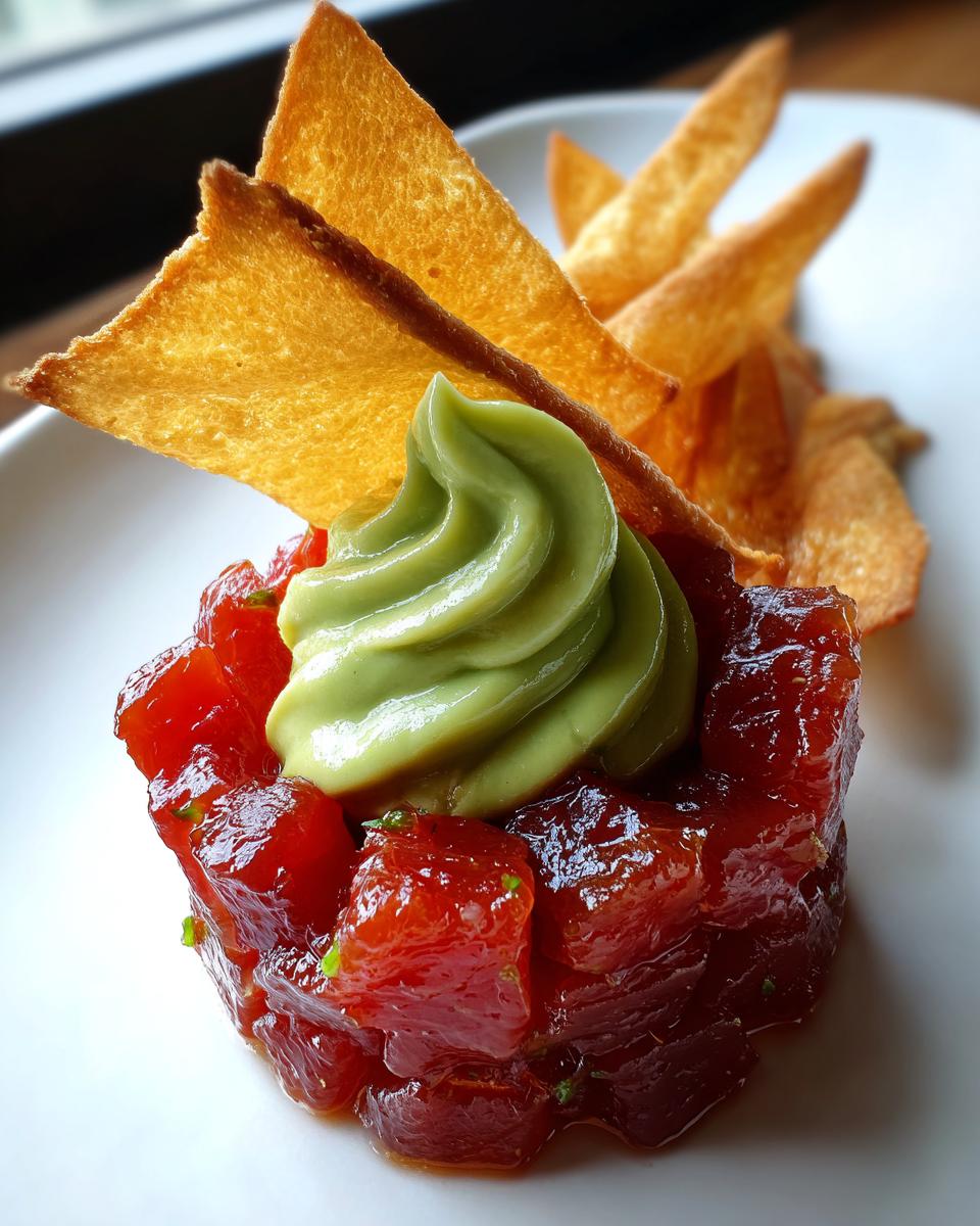 Close-up of a molded tuna tartare stack topped with a swirl of green avocado cream and served with crispy wonton chips.
