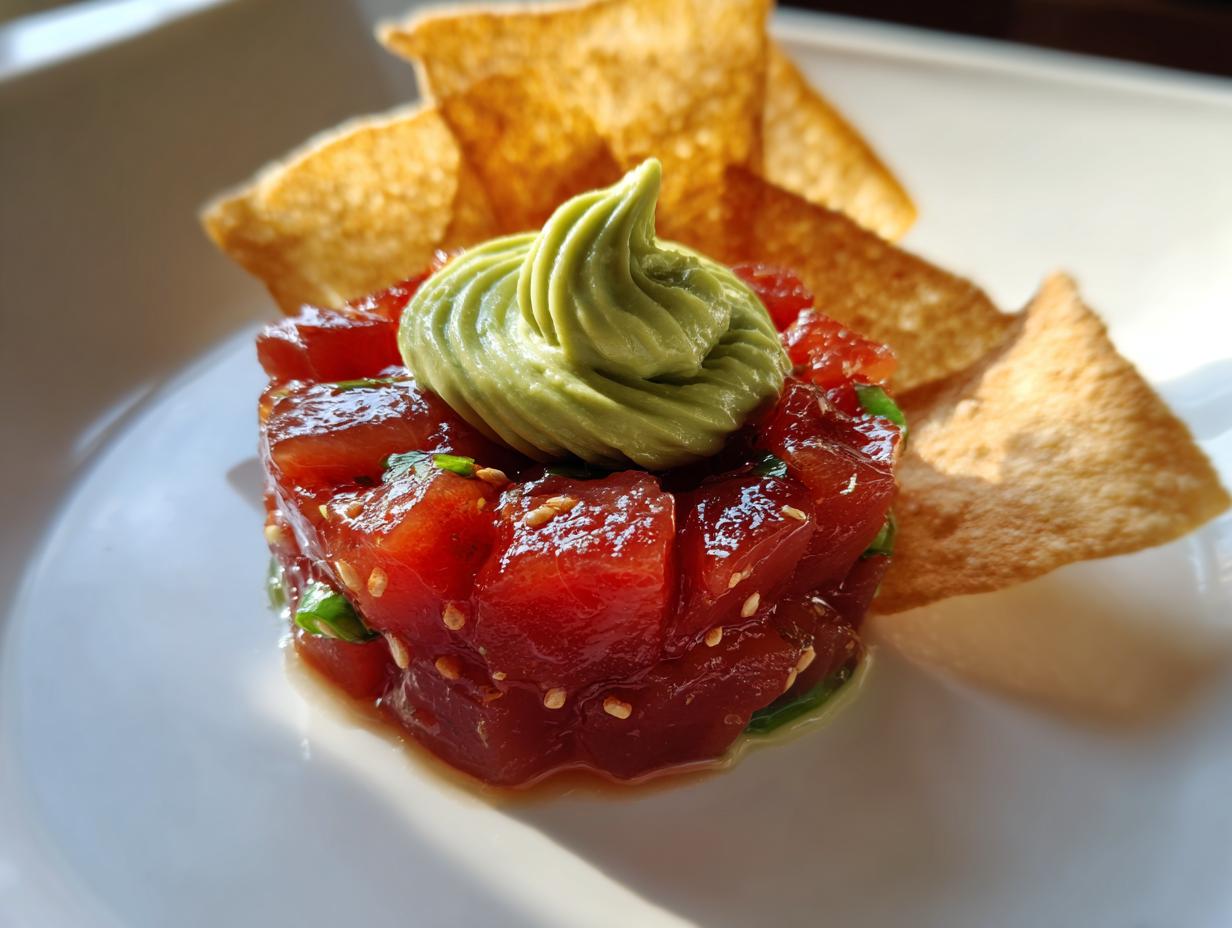 Close-up of vibrant red tuna tartare molded on a white plate, topped with a swirl of green avocado cream and served with crispy chips.