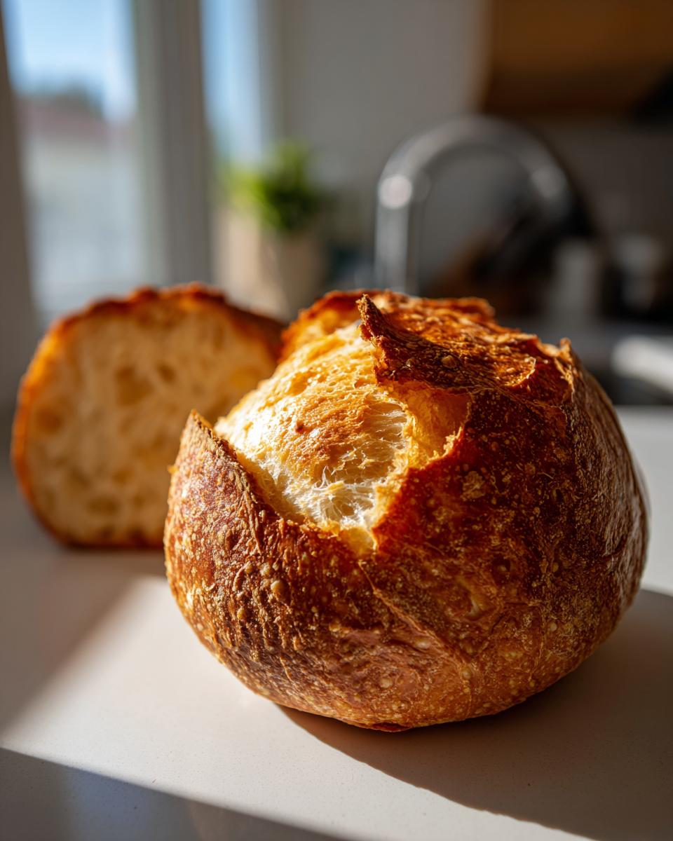 A golden-brown, crusty round loaf of artisan bread, perfect for making bread bowls, sits next to a sliced half.
