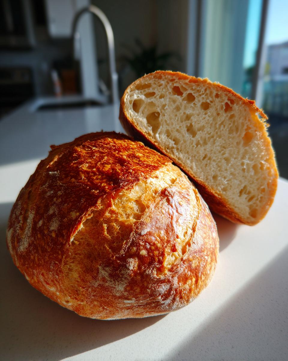 A whole, crusty loaf of bread next to one half showing the open, airy crumb structure, ideal for bread bowls.