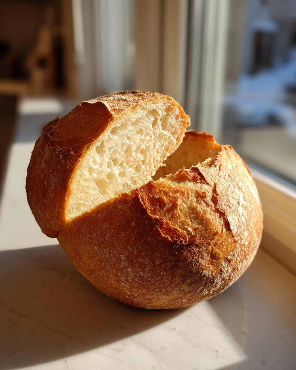 A golden-brown, round loaf of bread, hollowed out to show the airy interior, ideal for bread bowls.