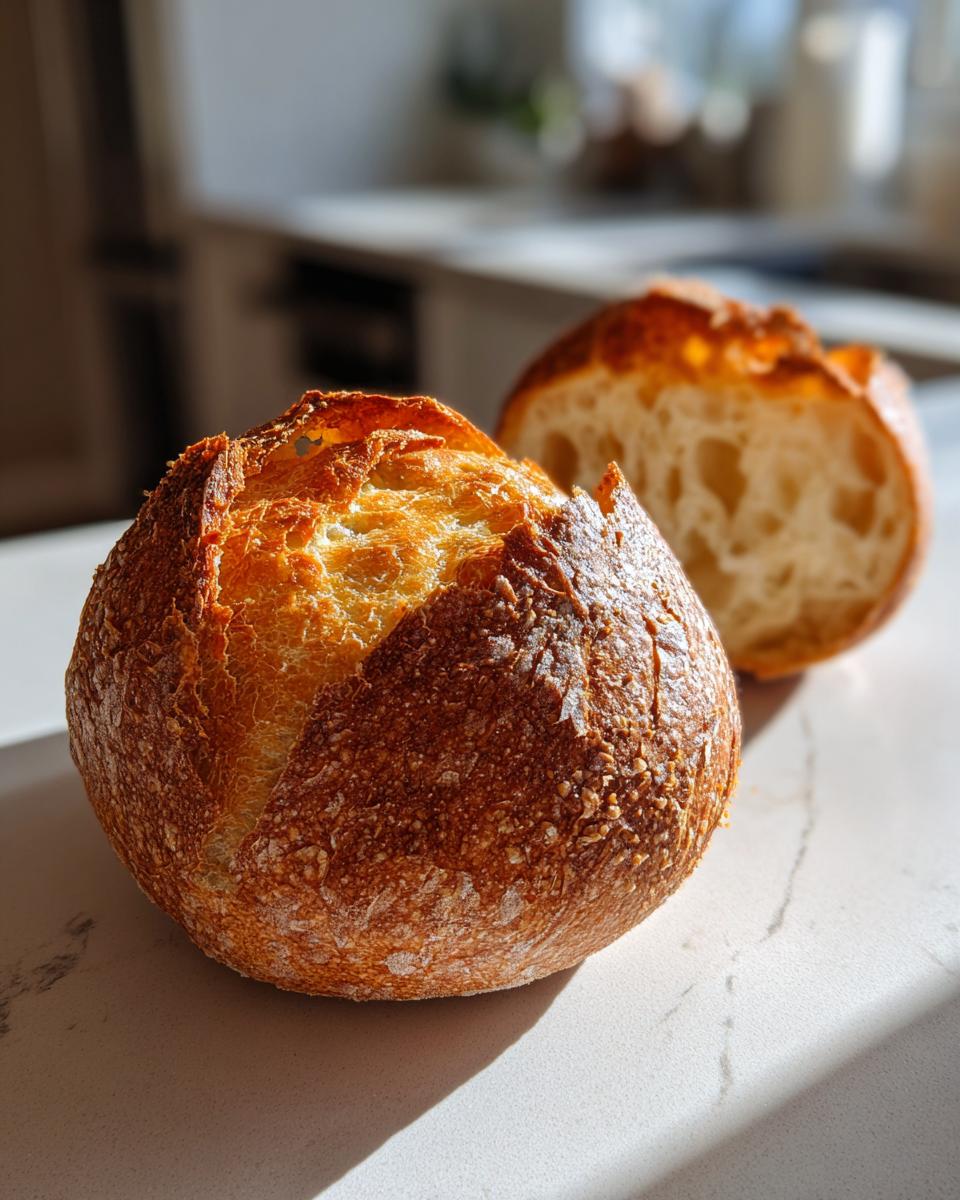 A close-up of a perfectly baked, crusty round loaf, with one half sliced open showing the airy interior, ideal for bread bowls.
