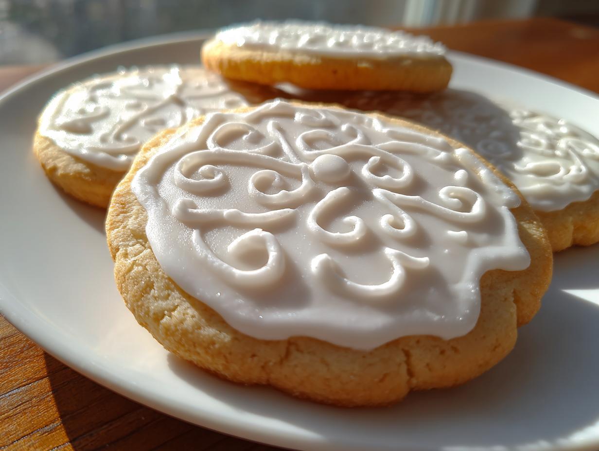 Close-up of round sugar cookies topped with glossy, piped white cookie icing designs.