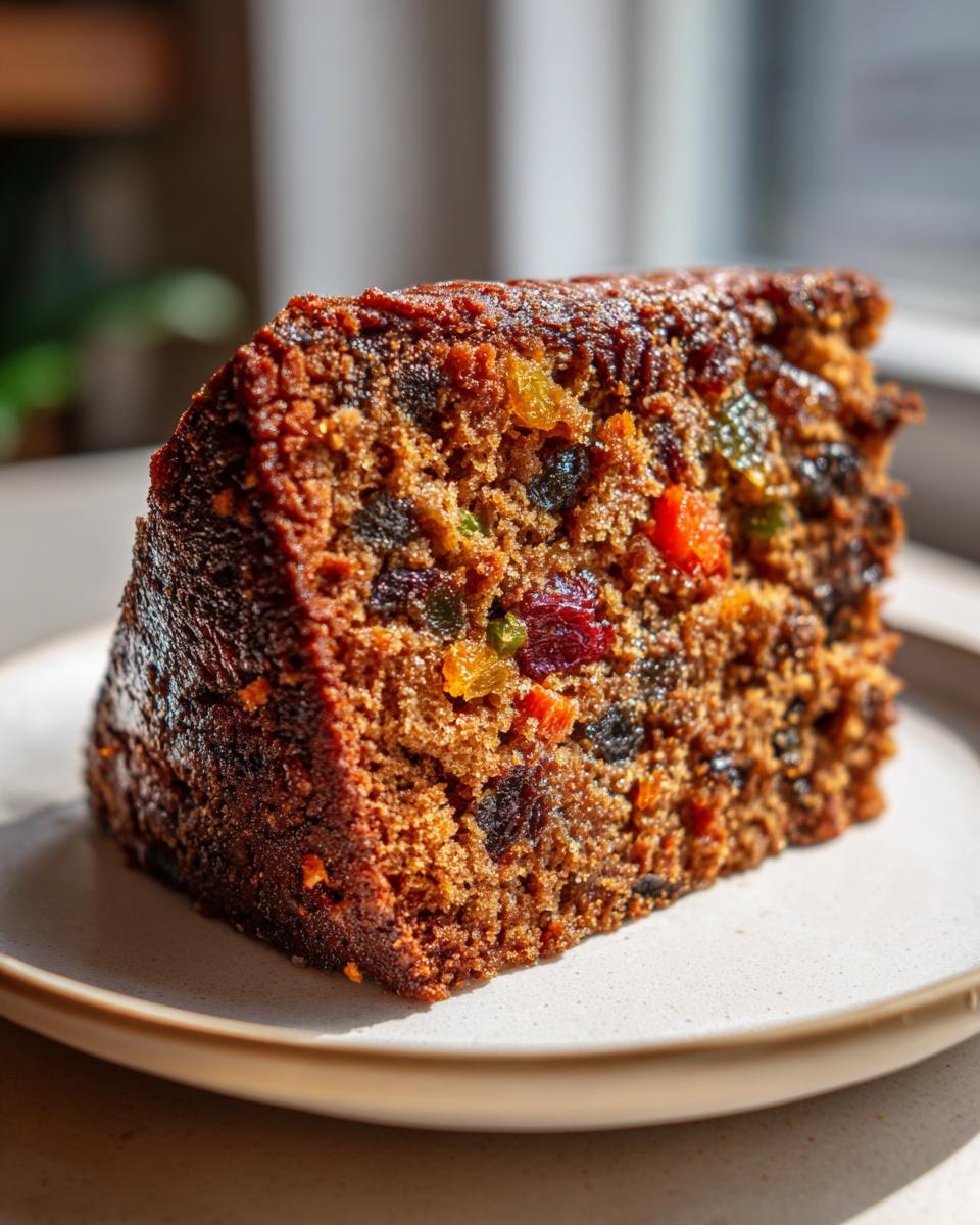 Close-up of a moist slice of fruit cake packed with colorful dried and candied fruits.