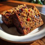 Two rich, dark slices of super moist fruit cake packed with dried cherries and candied peel, served on a white plate.