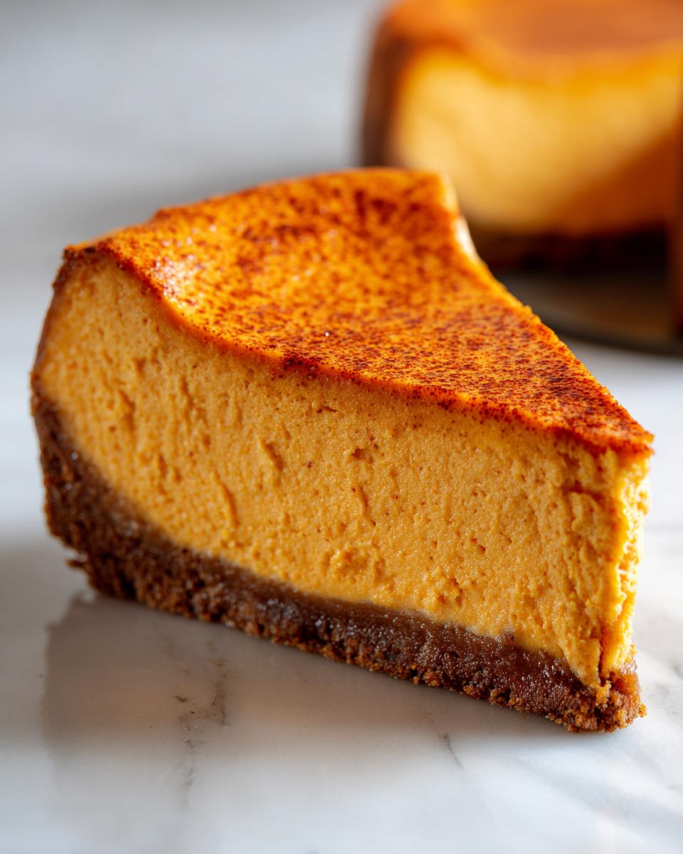 A close-up of a creamy, orange slice of sweet potato cheesecake with a dark graham cracker crust.