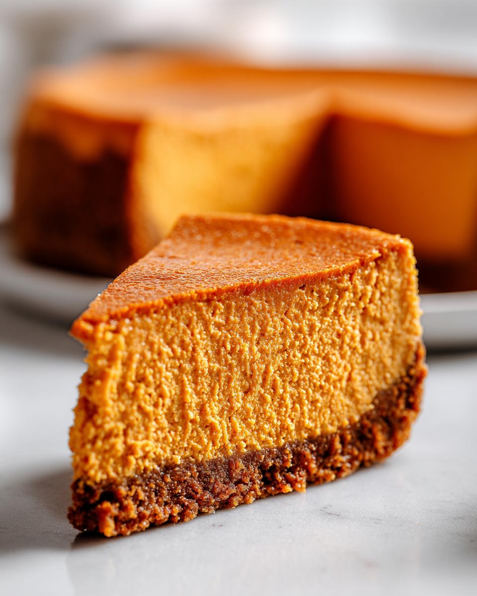 Close-up of a rich, orange slice of sweet potato cheesecake with a dark graham cracker crust.