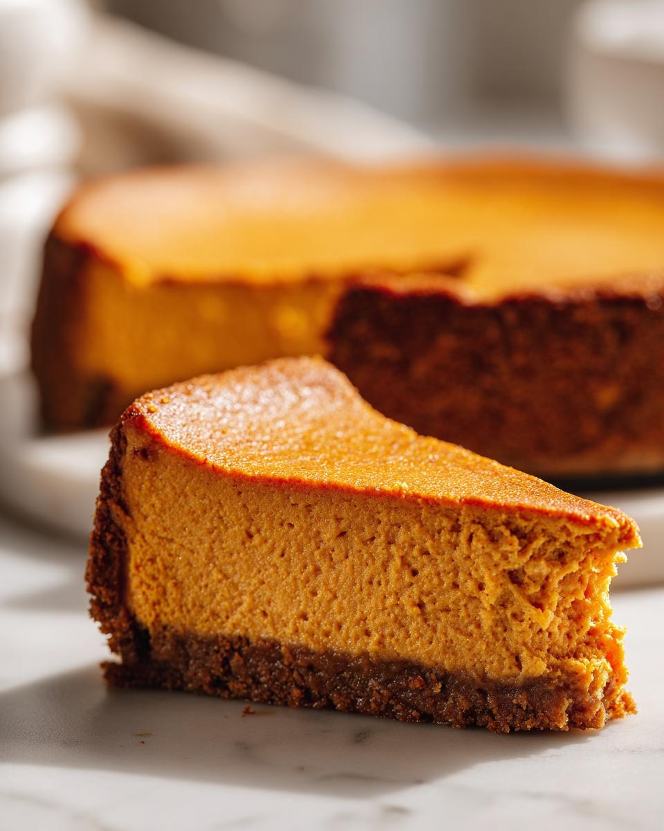 Close-up of a thick slice of vibrant orange sweet potato cheesecake with a dark crust.
