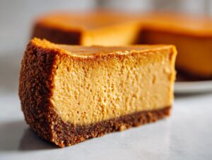 Close-up of a rich, orange slice of sweet potato cheesecake with a thick graham cracker crust.
