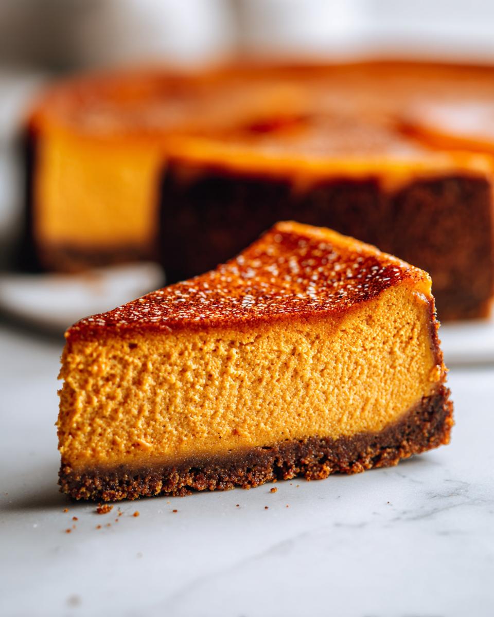 A close-up of a perfect slice of sweet potato cheesecake with a dark crust, set against the rest of the cake.