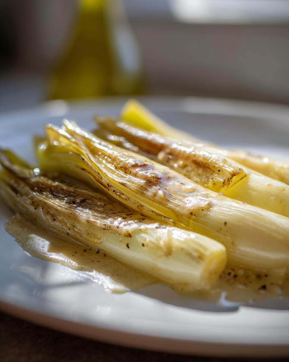 Close-up of tender, glossy braised leeks glistening with sauce and pepper on a white plate.