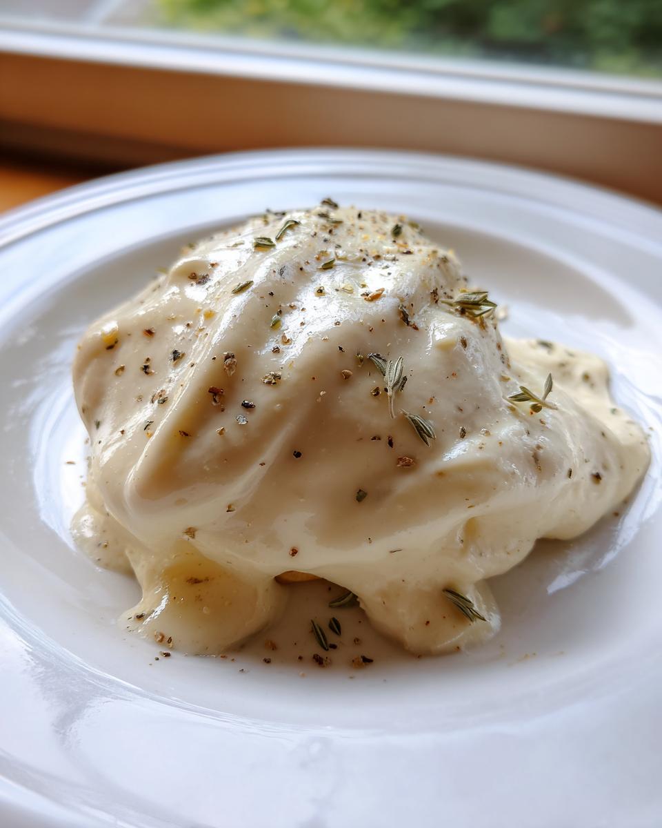 A close-up of a thick dollop of creamy white pizza sauce seasoned with pepper and thyme on a white plate.