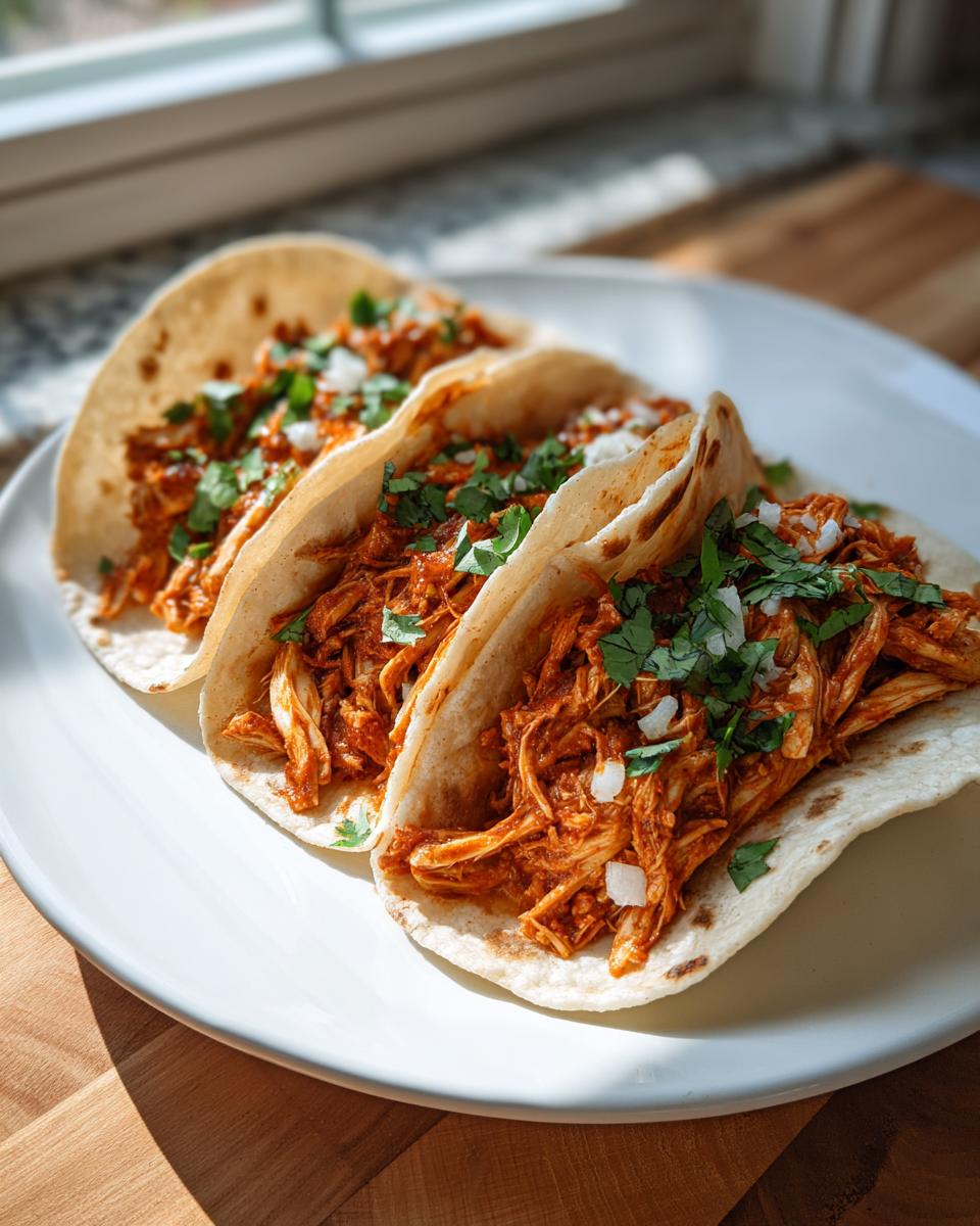 Close-up of three soft corn tortillas filled with saucy shredded chicken tinga, topped with fresh cilantro and diced onion.