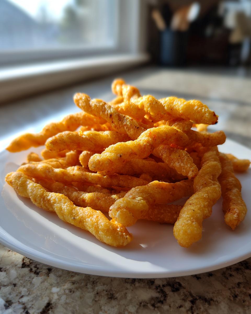 A pile of golden, twisted cheese straws recipe snacks resting on a white plate near a sunlit window.