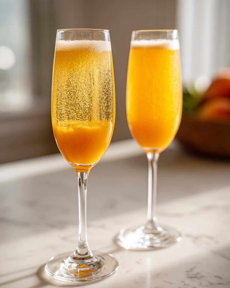 Two champagne flutes filled with a sparkling orange bellini recipe cocktail, sitting on a marble counter.