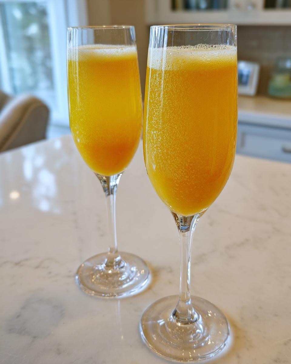 Two flute glasses filled with a bubbly, orange-colored bellini recipe cocktail sitting on a white marble counter.