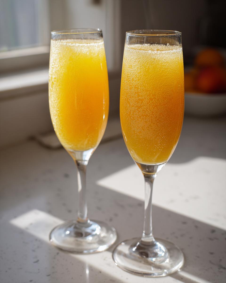 Two champagne flutes filled with a bubbly, bright orange bellini recipe cocktail sitting on a sunny countertop.