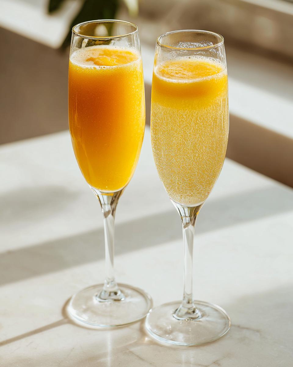 Two champagne flutes filled with a vibrant orange bellini recipe cocktail, showing bubbles and pulp.
