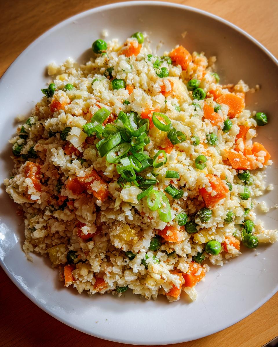 A close-up overhead shot of vibrant cauliflower rice mixed with diced carrots and peas, topped with fresh green onions.