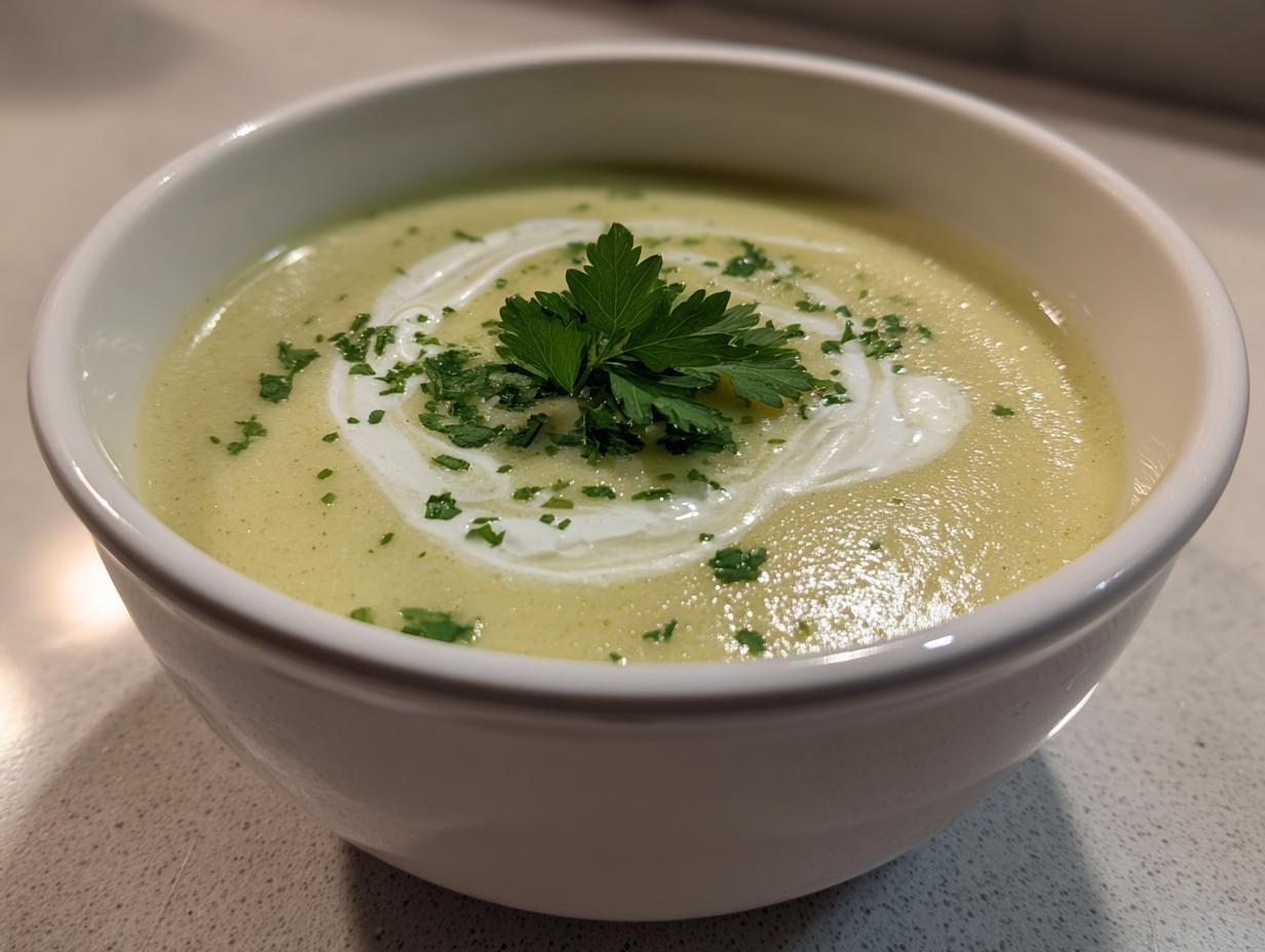A close-up of a bowl of velvety celery soup, swirled with cream and topped with fresh parsley.