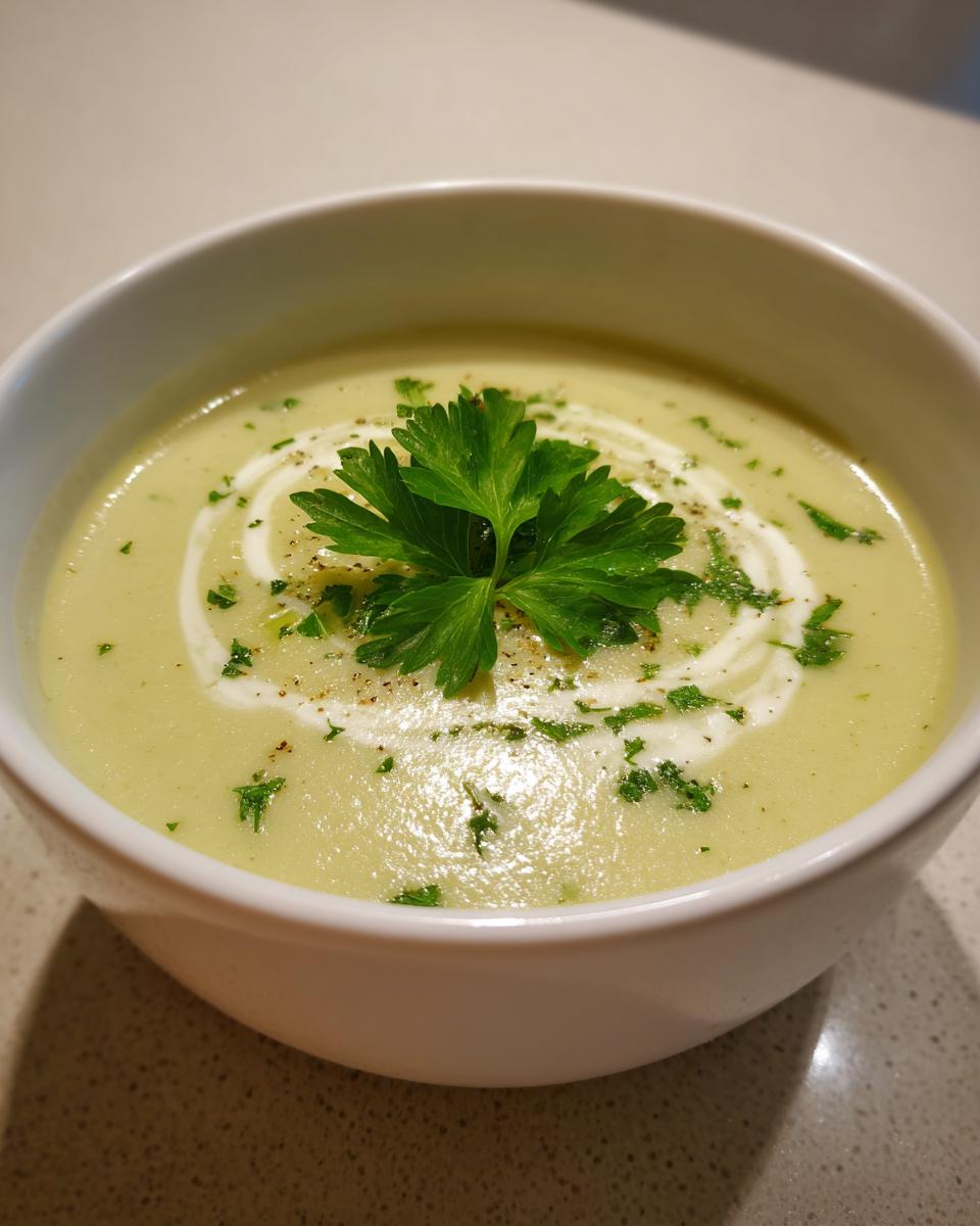 Close-up of a bowl of velvety celery soup, swirled with cream and topped with fresh parsley.