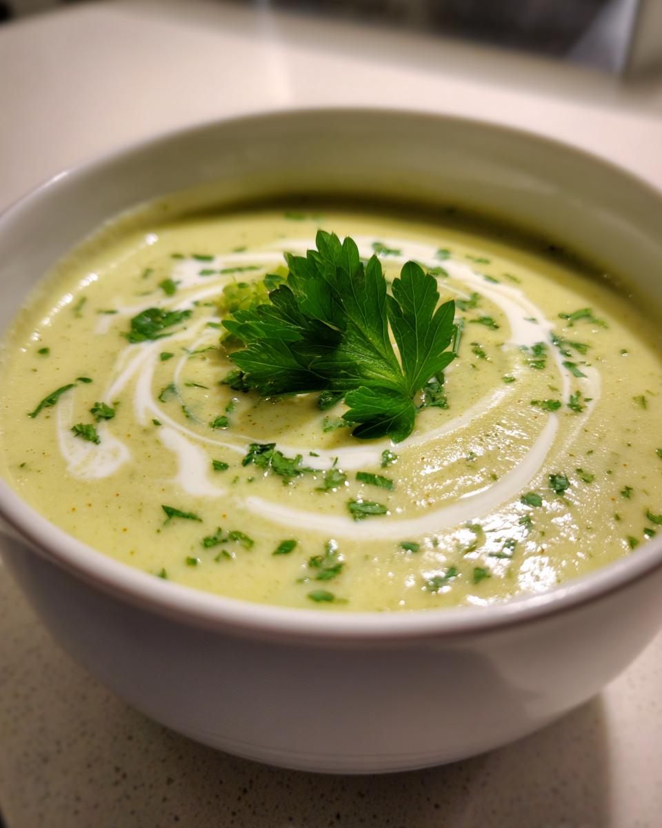 Close-up of a bowl of velvety celery soup, garnished with a cream swirl and fresh parsley.
