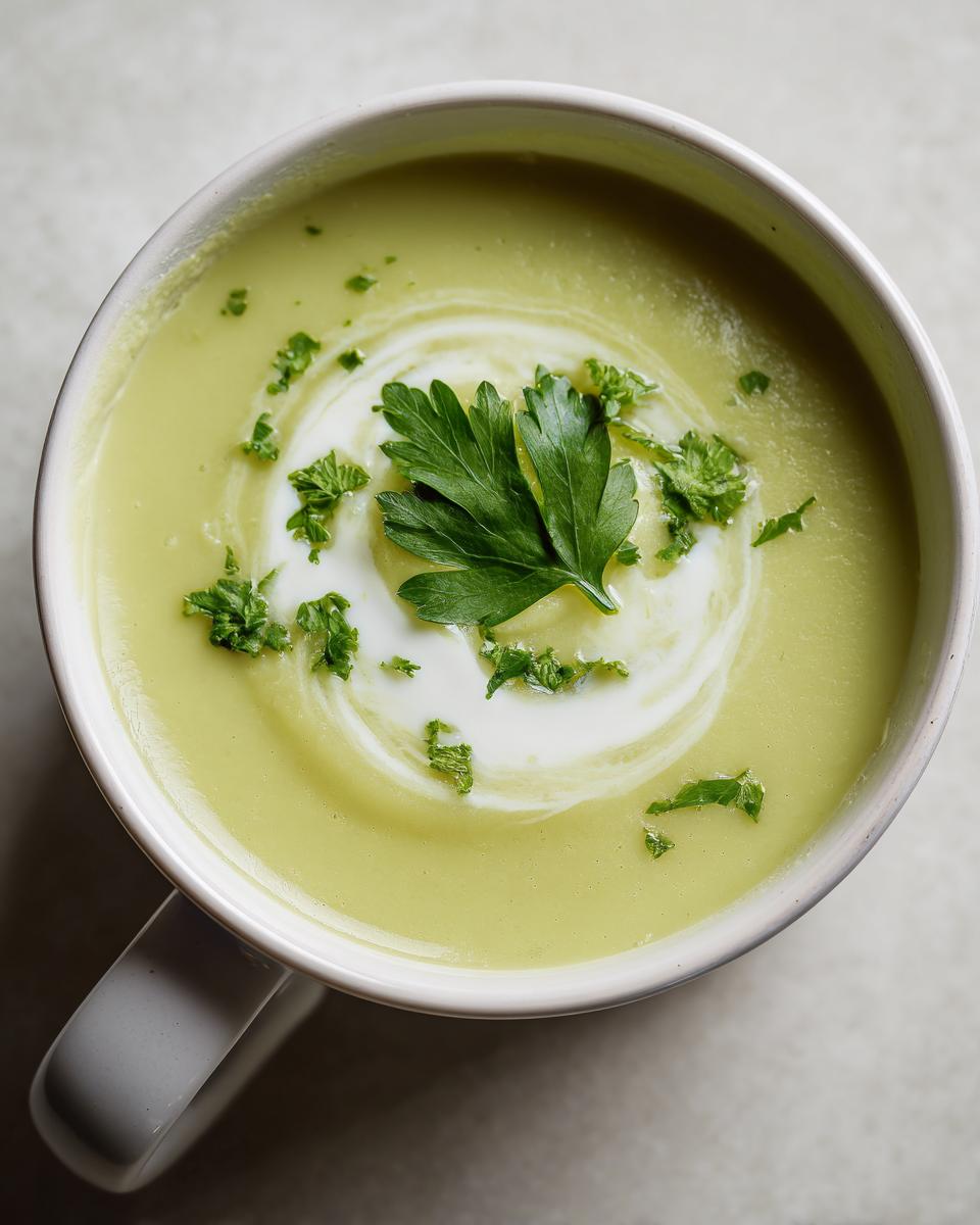 Overhead view of a bowl of velvety celery soup, swirled with cream and topped with fresh parsley leaves.