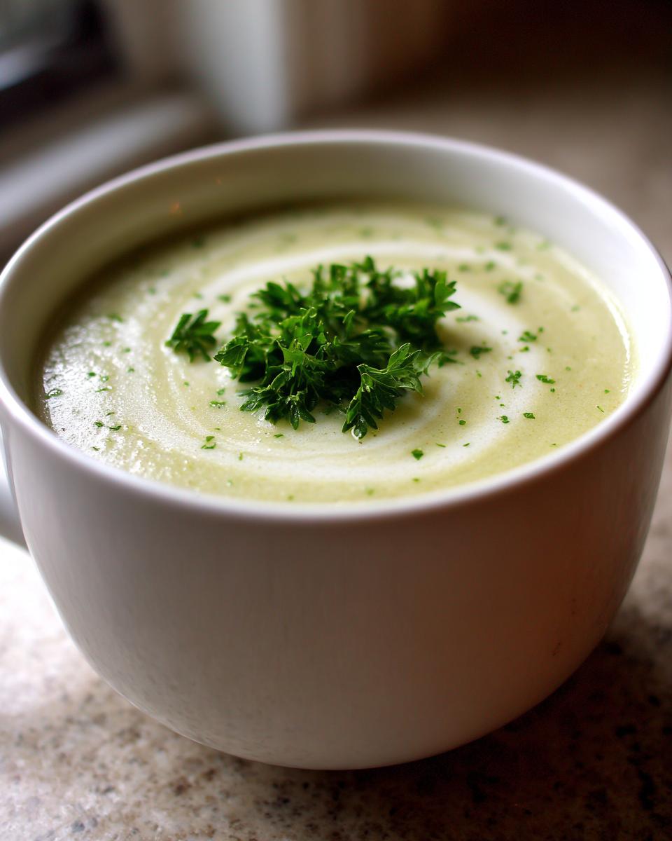 Close-up of a bowl of velvety celery soup, swirled with cream and topped with fresh parsley.