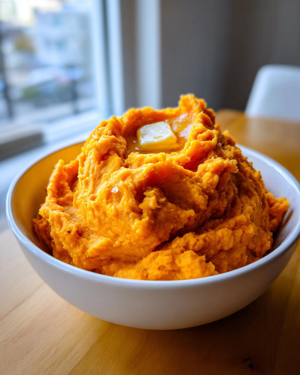 A bowl overflowing with bright orange mashed sweet potatoes, topped with a melting pat of butter.
