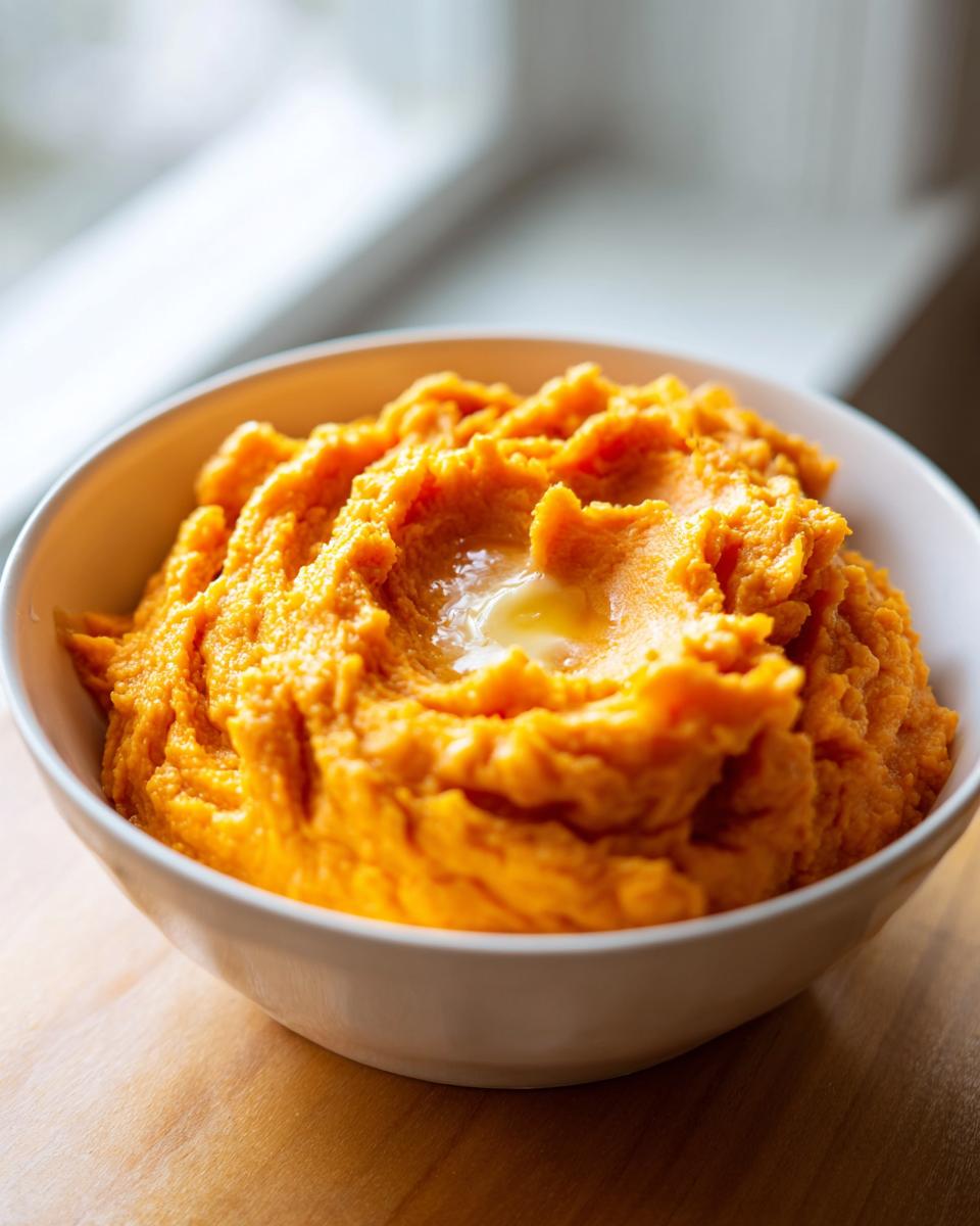 A close-up of creamy, bright orange mashed sweet potatoes in a white bowl with melting butter on top.