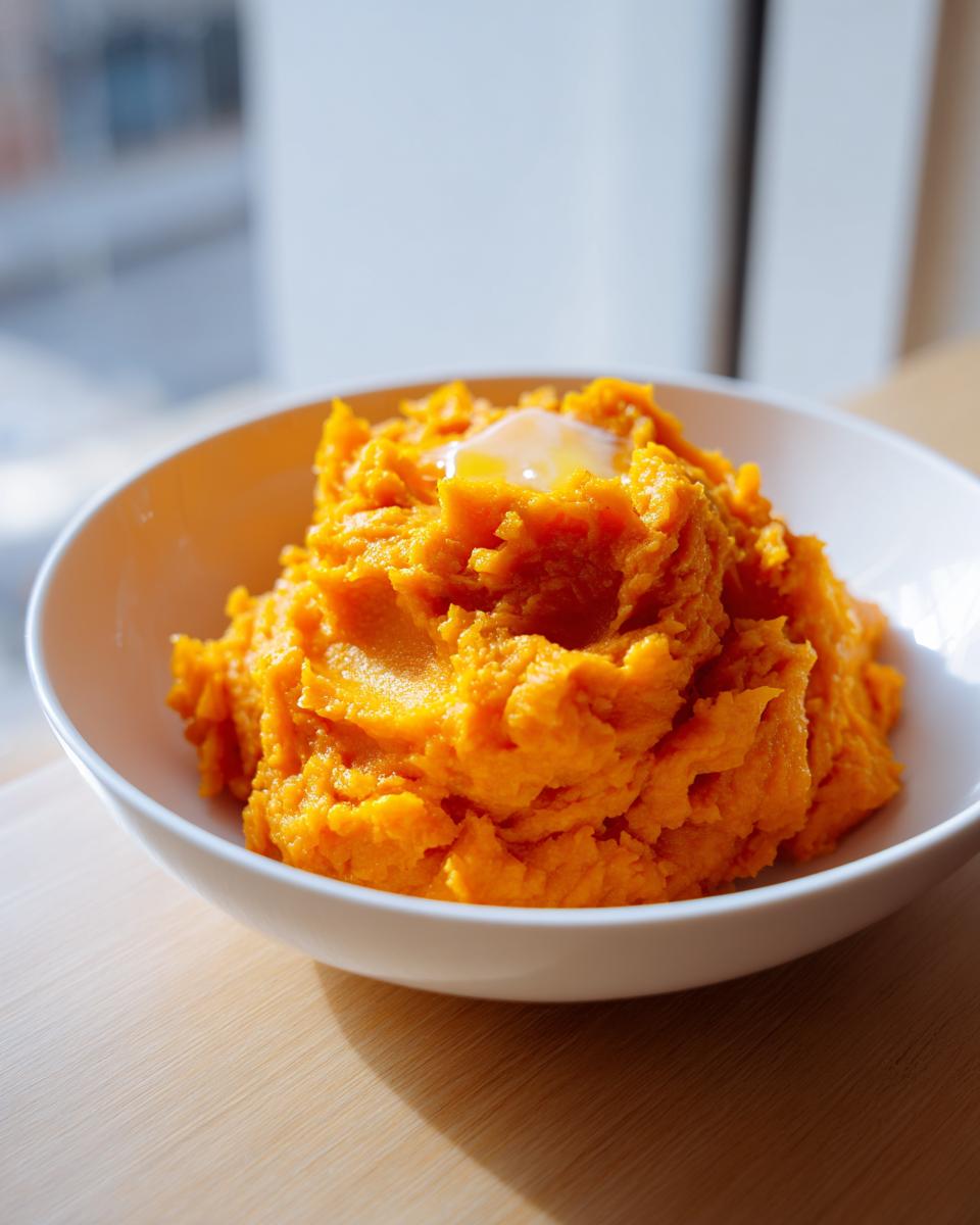 A bowl of bright orange, fluffy mashed sweet potatoes topped with a melting pat of butter.