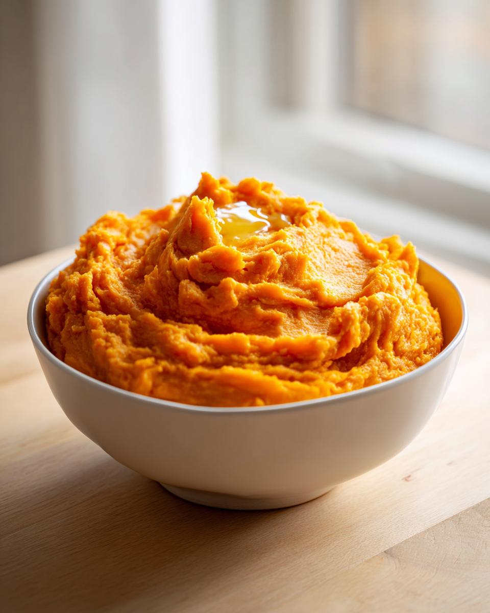 A white bowl filled with fluffy, bright orange mashed sweet potatoes topped with a pool of melting butter.