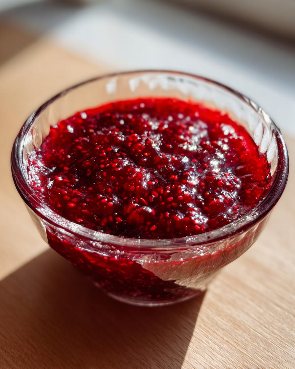 Close-up of vibrant, chunky raspberry jam glistening in a small clear glass bowl on a wooden surface.