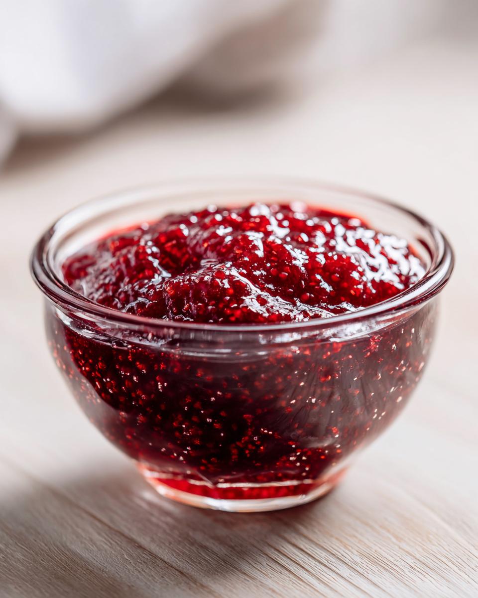 Close-up of thick, vibrant red raspberry jam with visible seeds in a small clear glass bowl.