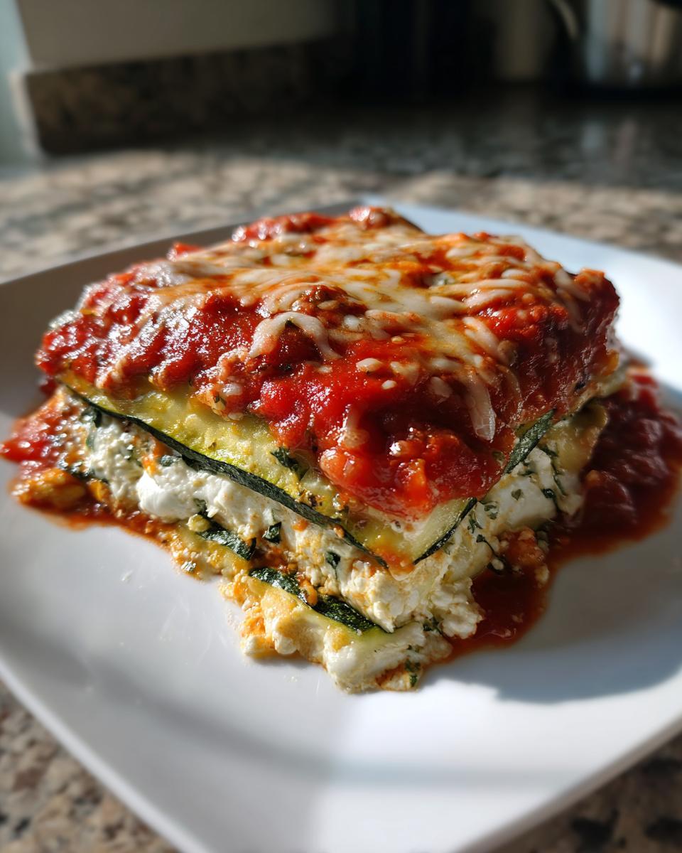 A close-up of a layered slice of zucchini lasagna, featuring zucchini noodles, ricotta cheese, and topped with rich marinara sauce and melted mozzarella.