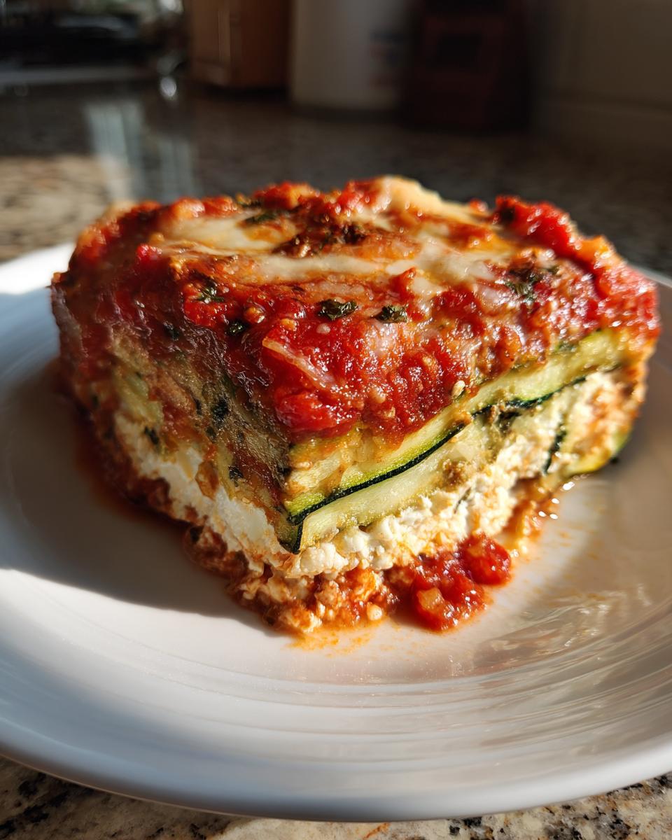 A close-up serving of zucchini lasagna, showing layers of ricotta, zucchini slices, and topped with melted cheese and rich tomato sauce.