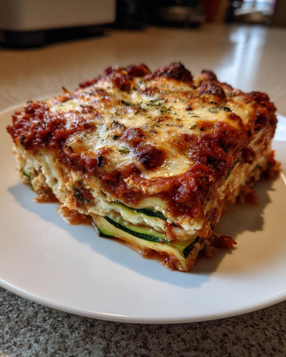 A generous slice of zucchini lasagna showing layers of zucchini, ricotta, and topped with rich tomato sauce and melted cheese.