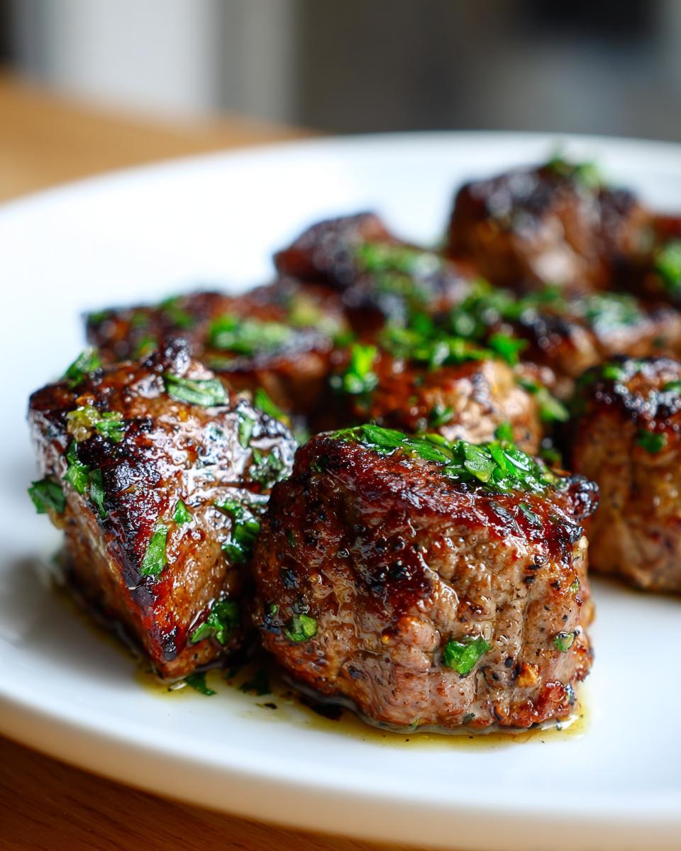 Close-up of juicy, seared steak bites topped with fresh green herbs and butter sauce.