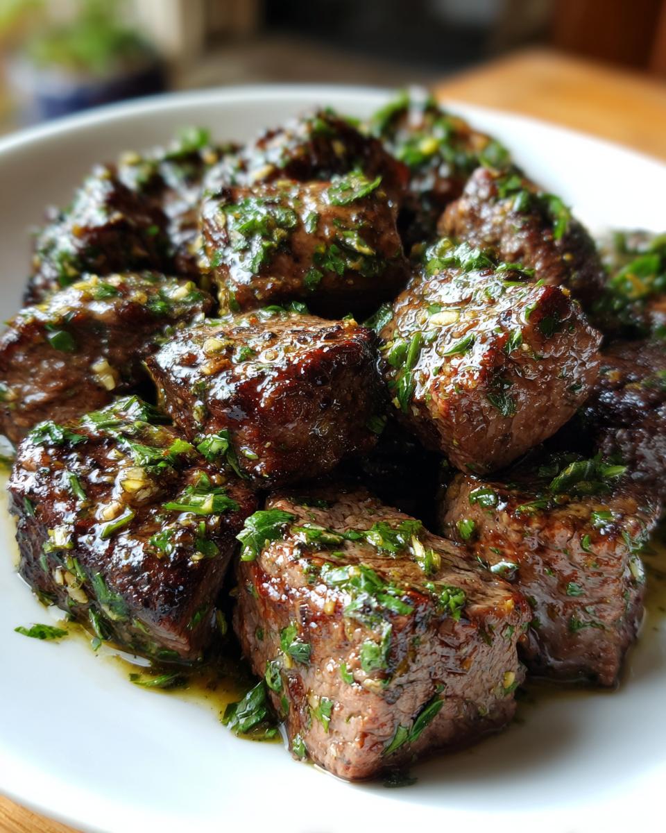 Close-up of juicy, seared steak bites coated in a glossy garlic butter sauce with fresh parsley.