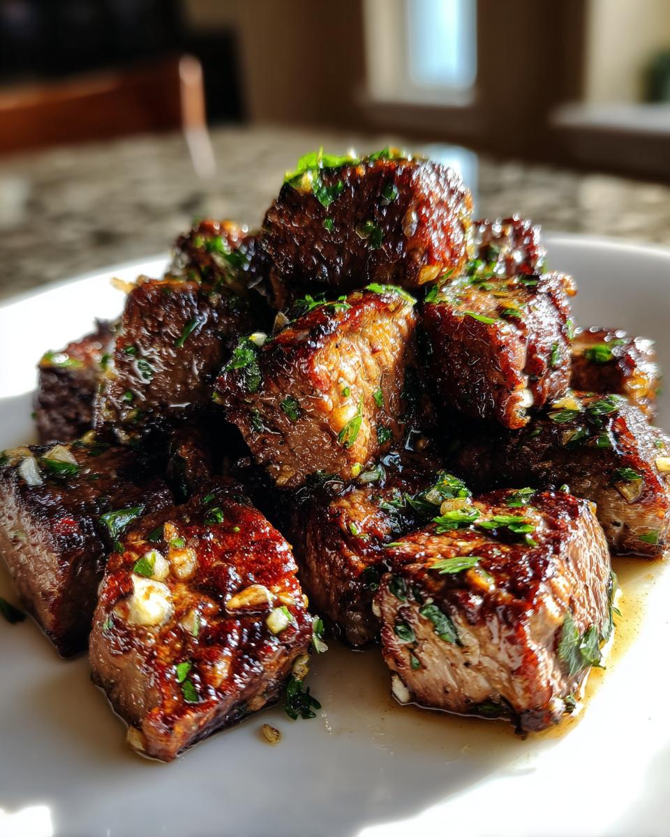 A pile of perfectly seared, juicy steak bites glistening with garlic butter sauce and fresh parsley.